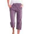 thumbnail image 2 of Cotton Linen Capris for Women Casual Summer Straight Wide Leg Loose Drawstring Elastic Waist Petite Pull On Pants for Women Light Purple M, 2 of 5