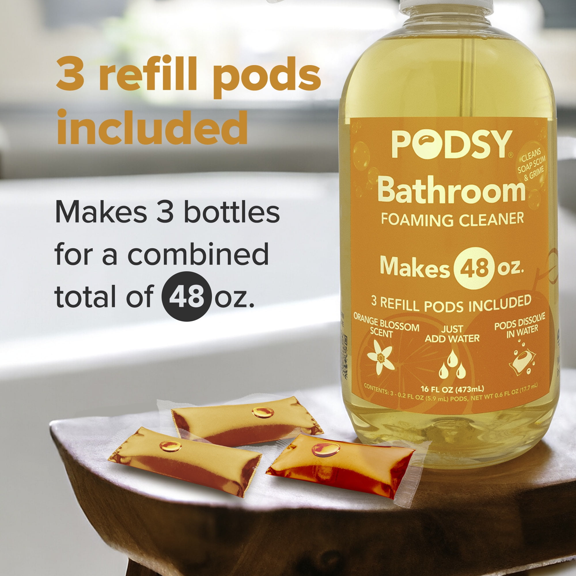 Podsy Bathroom Cleaning Set, Orange Blossom Scent, 16 fl oz Bottle and 3 Refill Pods Make 48oz, Just Add Water