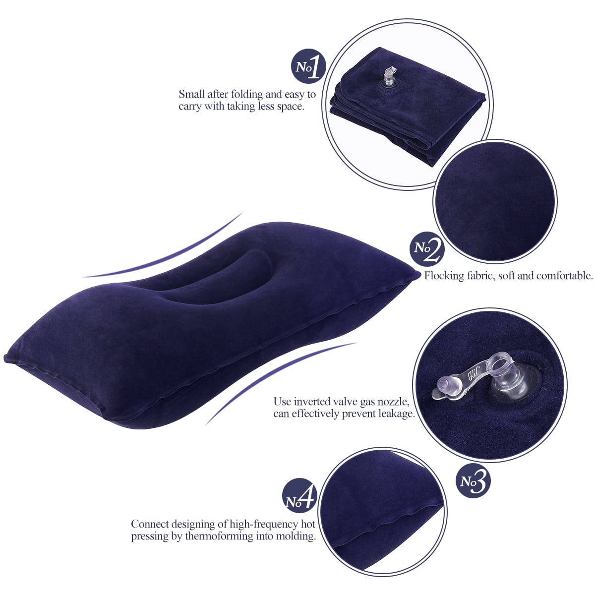 Super-Thick Flocking Fabric Inflatable Pillow Portable Travel Pillow Dark Bl... 