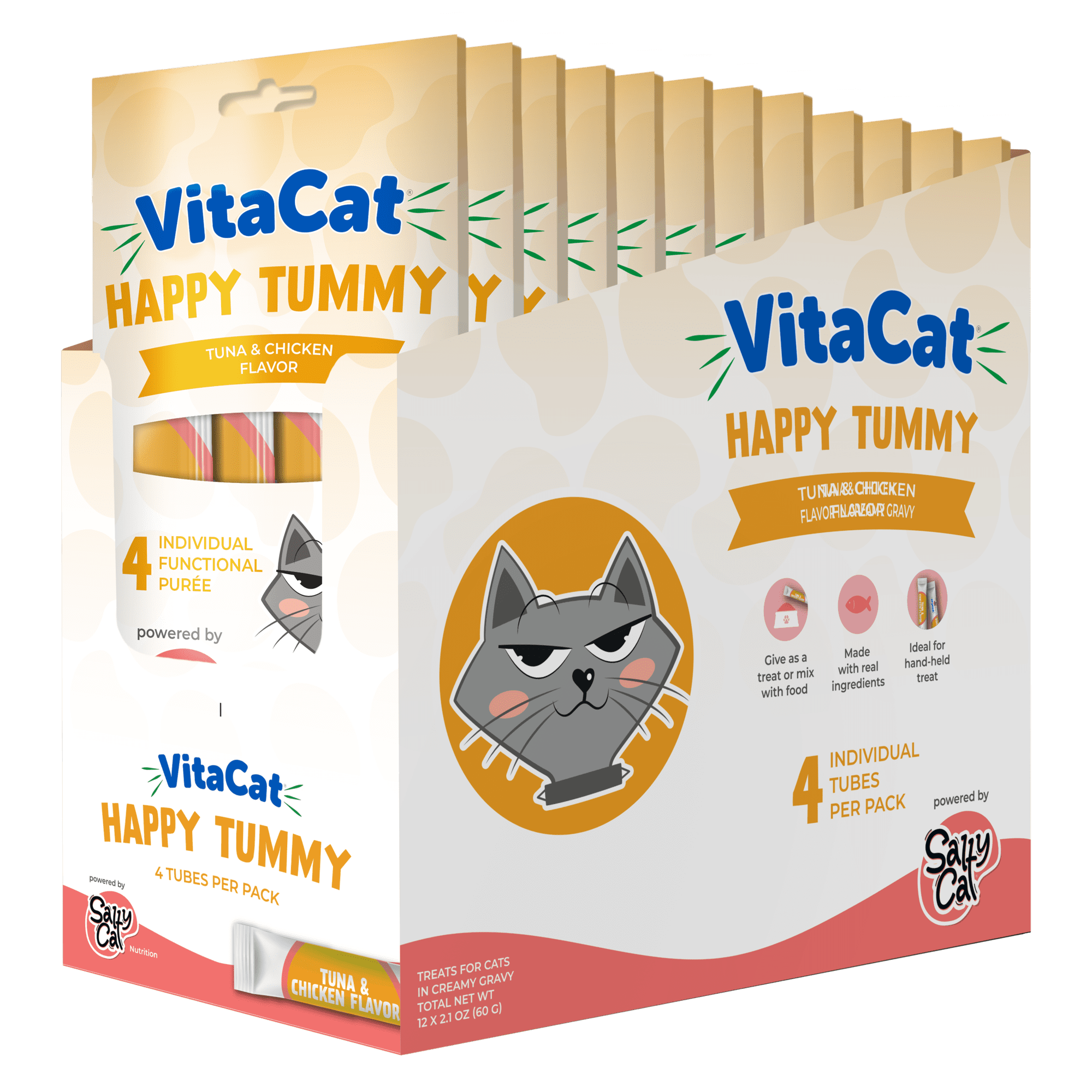 (12 pack) Salty Cat by VitaCat Happy Tummy Tuna & Chicken Soft Treats for Cats, 60g Pouch (4 Pack)