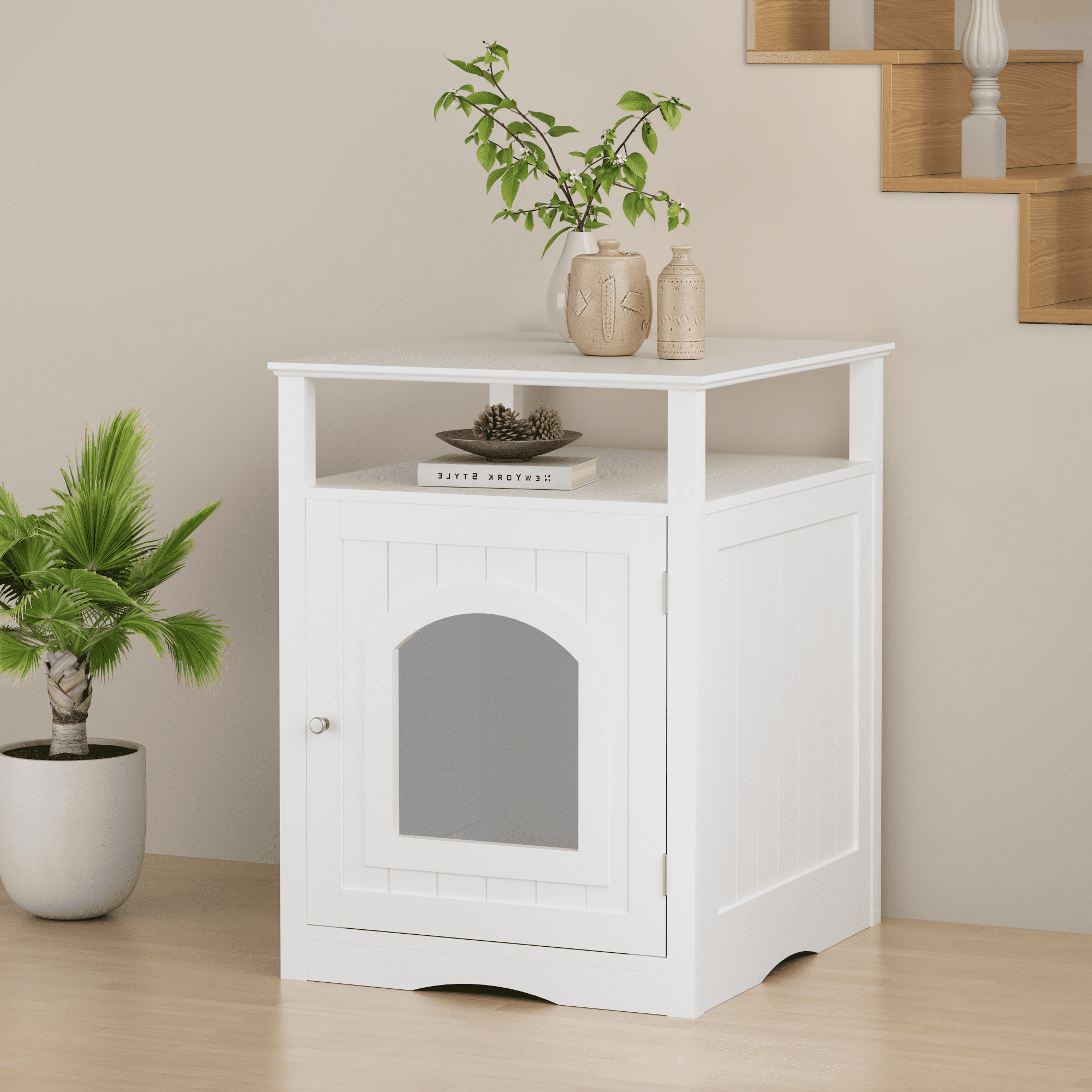 Garmic Modern Cat Condo Side Table with Open Top Shelf & Side Hook, Indoor Wooden Cat House with Enclosed Cabinet,  for Cat Litter Box Enclosure Living Room & Bedroom, White