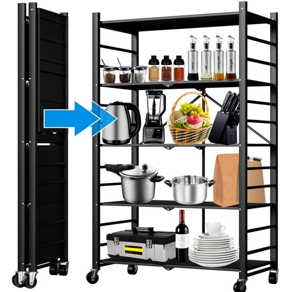 Camkey 5-Tier Foldable Metal Shelving Unit, 50.4"W x 16.2"D x 4.4"H, Holds up to 250 lbs Capacity, Black