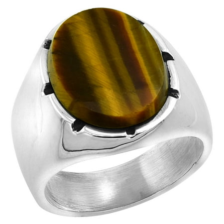 Oval Tiger - Sterling Silver Tiger Eye Ring for Men Large Oval Notched Bezel Solid Back Handmade, sizes 9 - 13