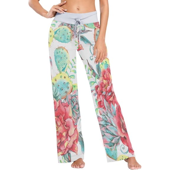 GZHJMY Women's Pajama Pants Watercolor Cactus Comfy Stretch Sleepwear Womens Wide Leg Pants Casual Loose Yoga Sweatpants Comfy Lounge Pajama, X-Large
