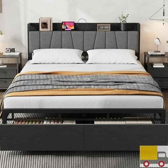 Upholstered Platform Bed Frame with Charging Station, Storage Drawers, Tall Headboard, Heavy Duty Steel Slats, No Box Spring Needed, Full, Black