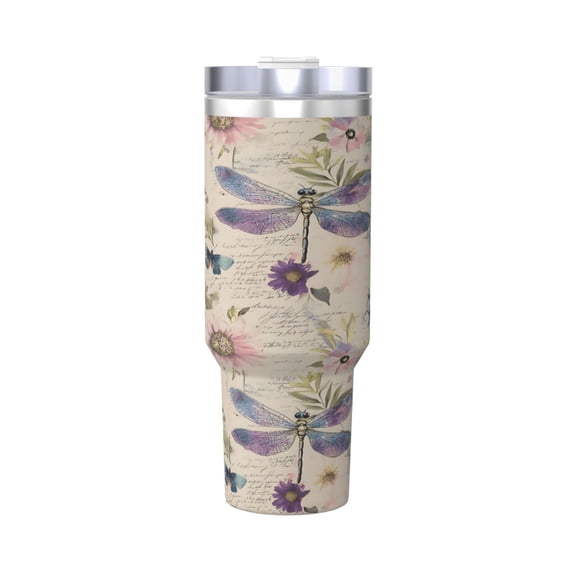 Dragonfly Cup Insulated Tumbler Stainless Steel Vacuum Travel Mug 40 oz with Handle and Straw Lid