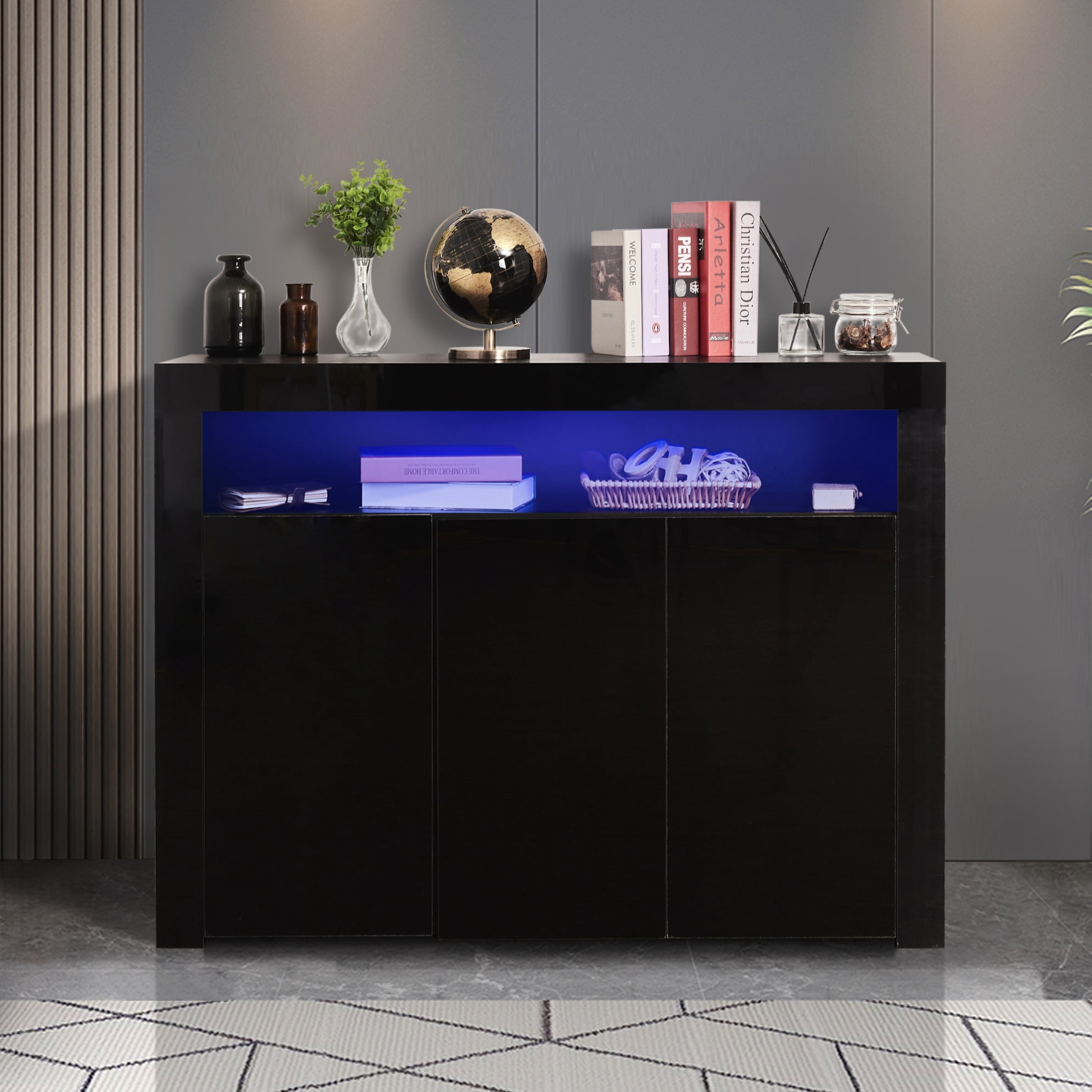 Living Room Sideboard Storage Cabinet with LED Light Open-Shelf, Modern ...