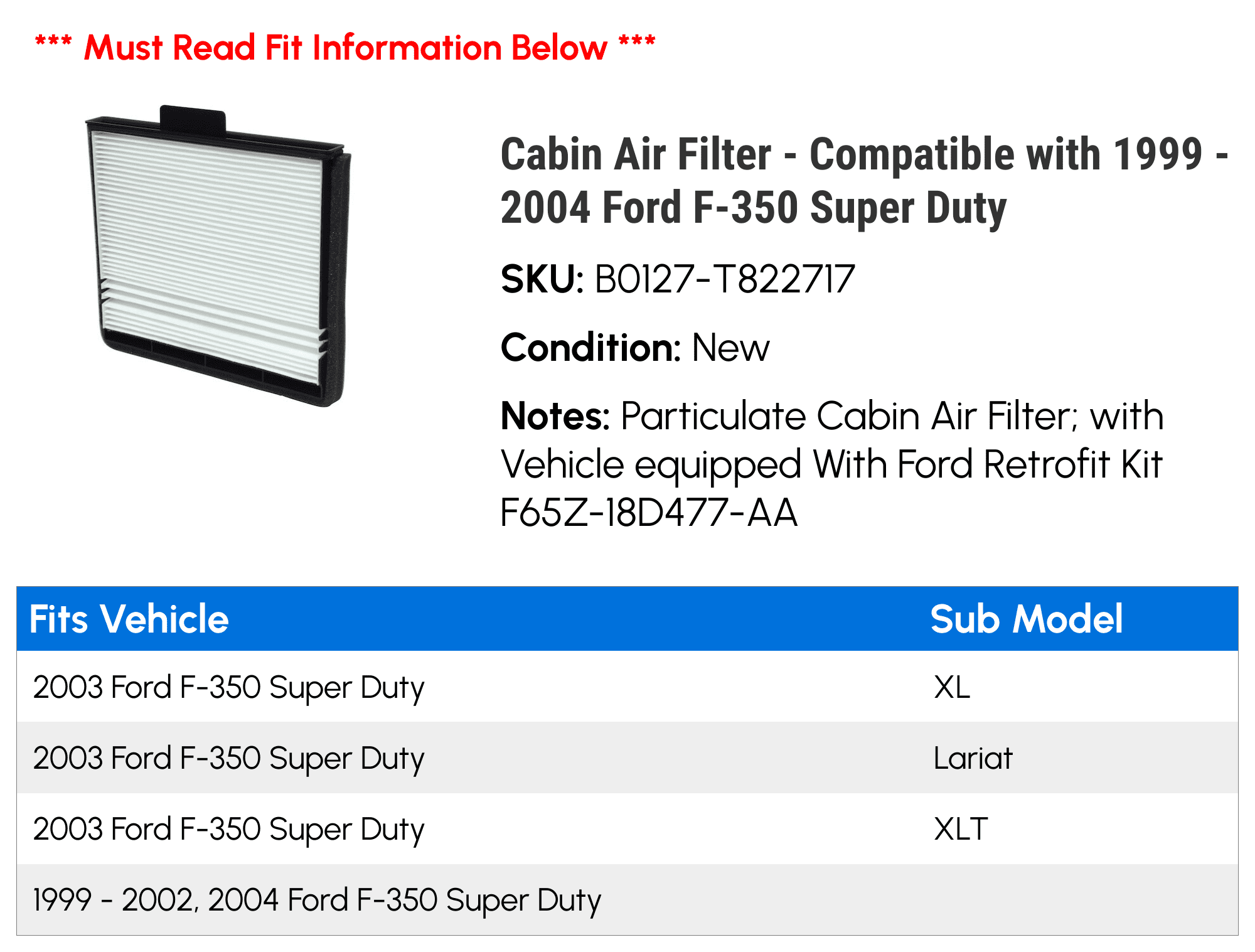 Cabin Air Filter - Compatible with 1999 - 2004 Ford F-350 Super Duty 2000 2001 2002 2003