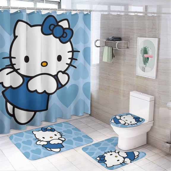 Kawaii Cat 4Pcs Family Shower Curtain Sets with Non-Slip Rugs, Toilet Lid Cover and Bath Mat, Black Home Bathroom Decor Set Accessories Waterproof Shower Curtains with 12 Hooks, 71 x 71 Inch