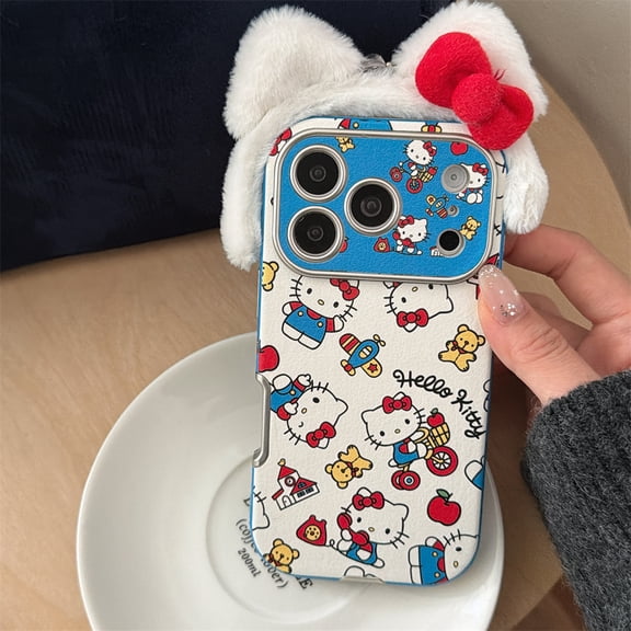 Sanrio Hello Kitty Cute Cartoon Lens Protection Furry Warm Winter Plush Phone Case For iPhone 17 16 15 14 Pro Max Cover