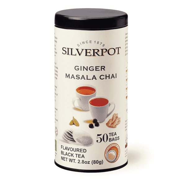 Silverpot Ginger Masala Chai Tea Bags, 50 Count, Indian Masala Chai Tea, Assam Milk Tea with Cinnamon, Cloves, Cardamom, Caffeinated, 100% Natural