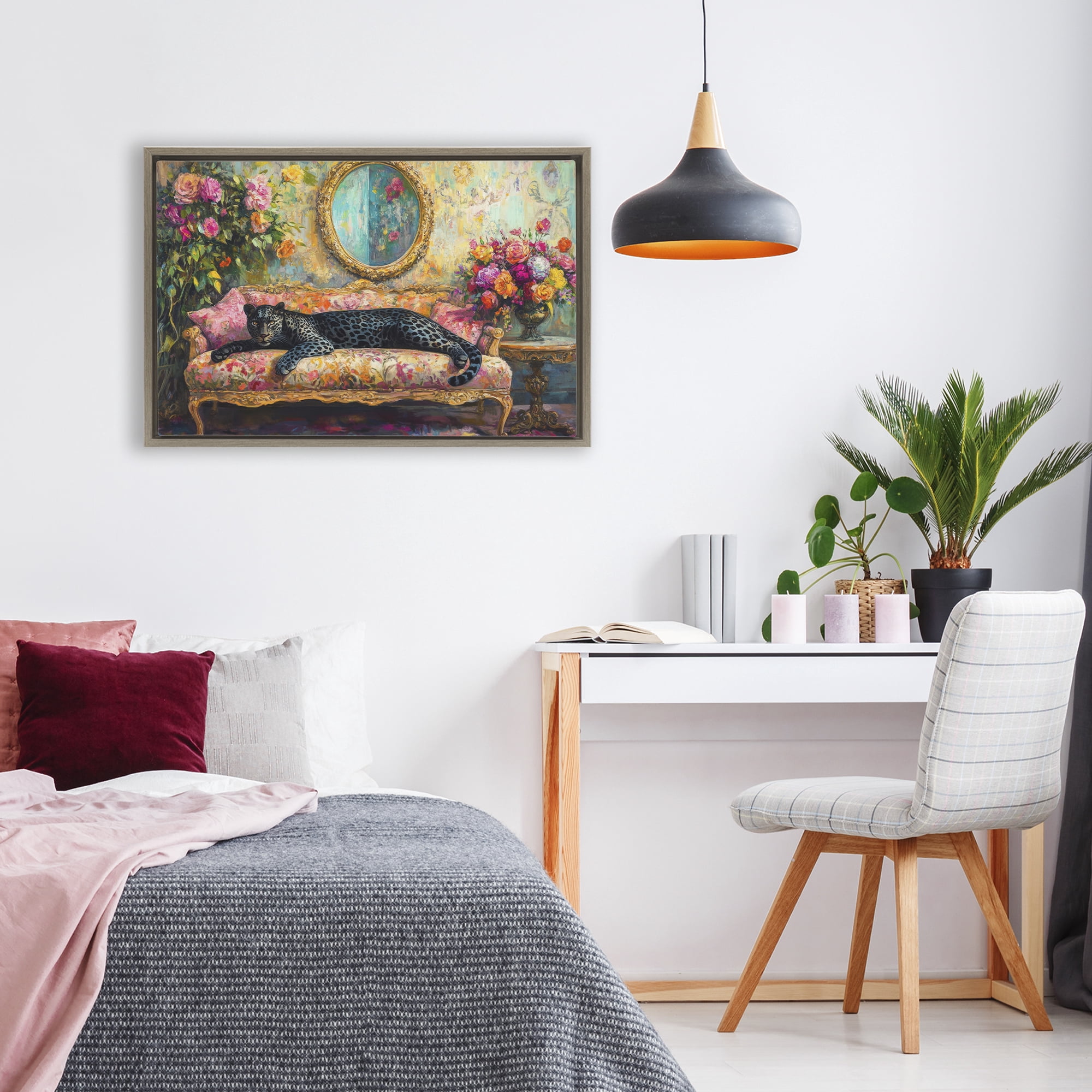 Stupell Industries Lounging Leopard on Floral Sofa Brown Framed Floater Canvas Wall Art, design by Petal Prints Design
