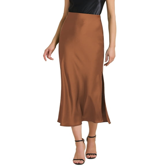 DARING DIVA Women's Satin High Waist Elastic Waist Split A Line Midi Skirts S Brown