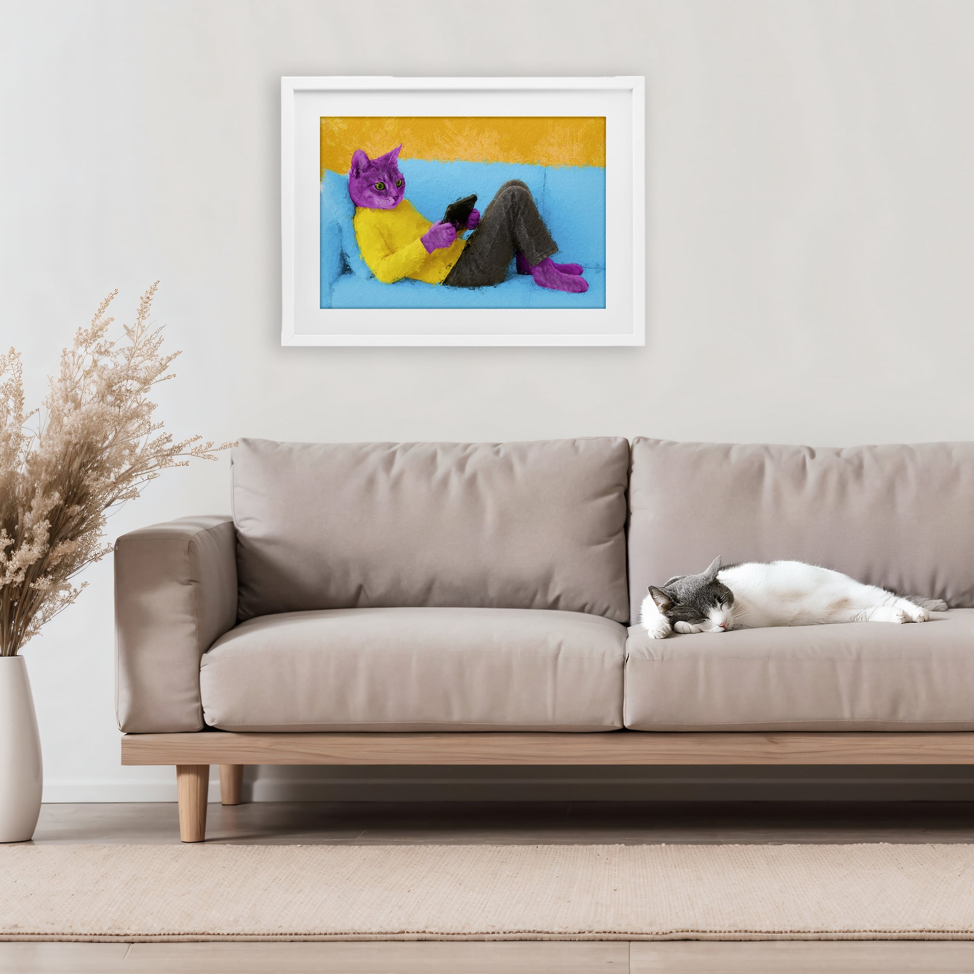 Stupell Industries Vibrant Cat Playing Game White Framed Print Under Glass, design by Sean Parnell