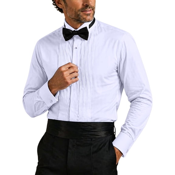 IROINNID Men Pleated Front Turndown Collar Button Front Long Sleeve Tuxedo Dress Shirt with Matching Bow Tie formal Wedding Banquet Ceremony Top(White,2XL)