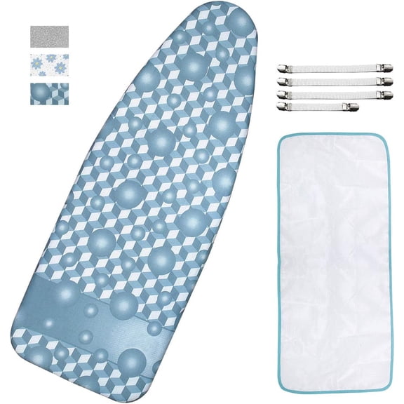 EnjinZZ Ironing Board Cover and Pad, Extra-Wide, Fits 18" x 49" Board, Thick Padding, Scorch & Stain Resistant, with Fasteners & Mesh Cloth
