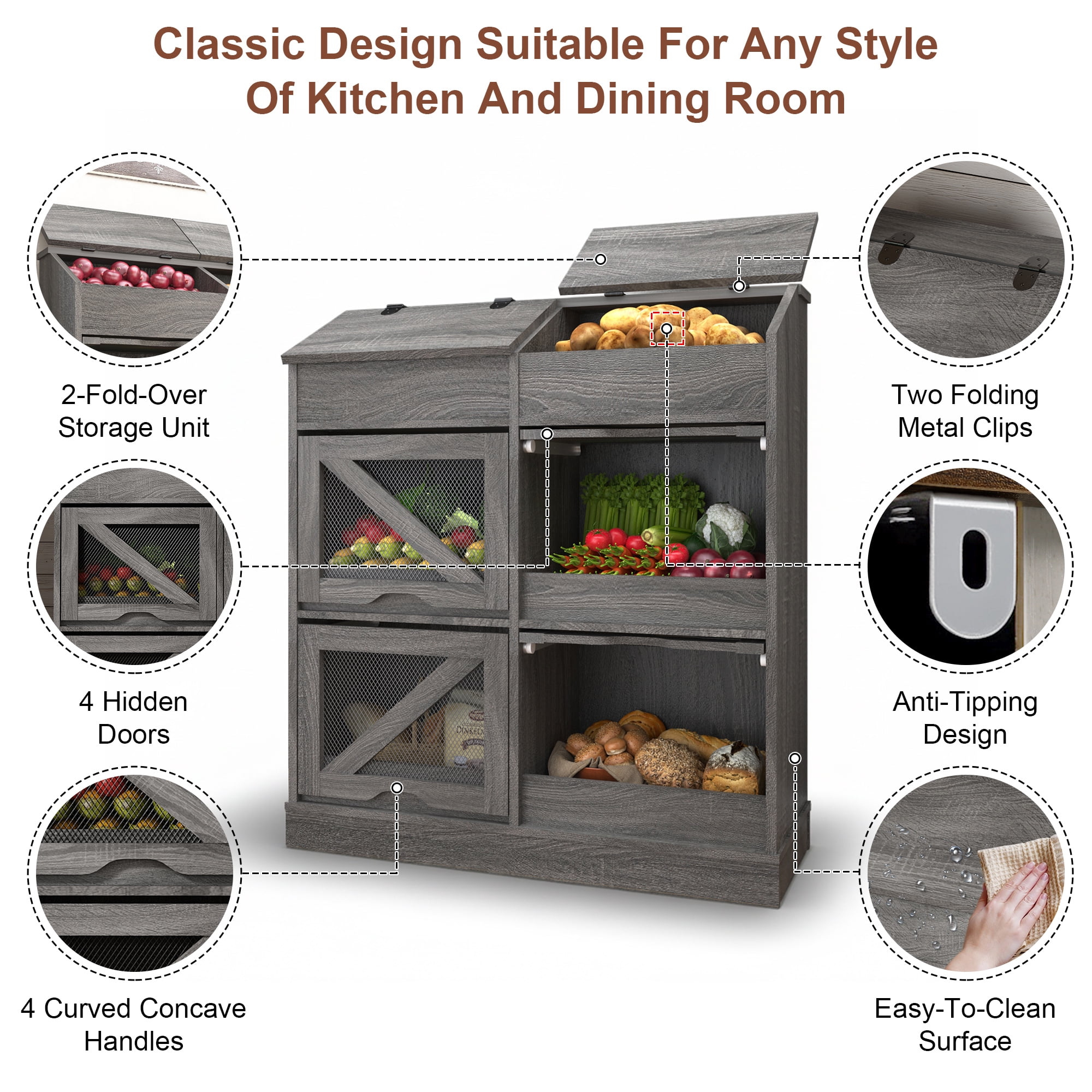 ChVans Large Wood Bread Box for Potato, Onion, Veggie Bin W/6 Compartment Storage, Farmhouse Potato Storage Bin W/Breathable Mesh Doors, Root Vegetable & Bread Keeper
