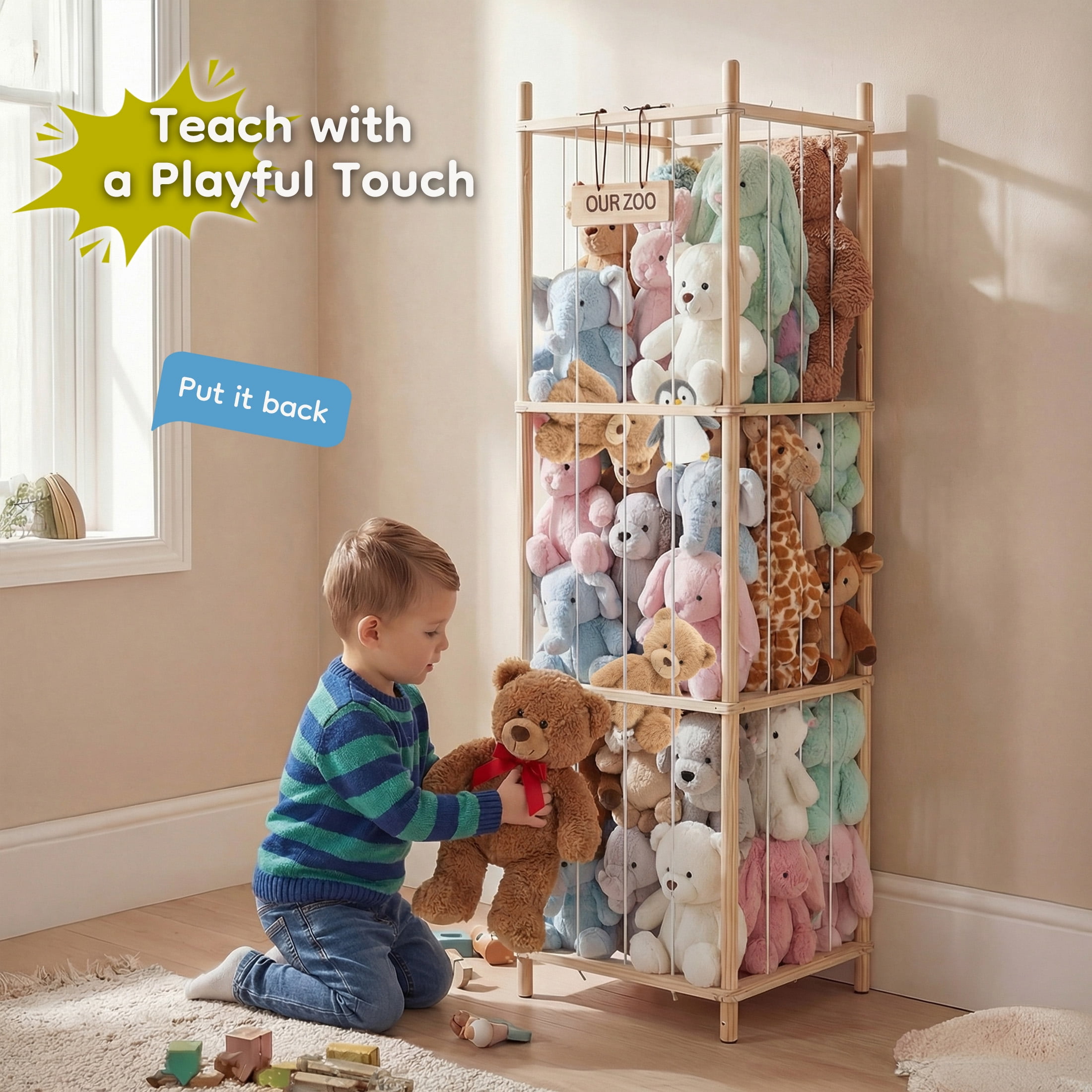 EDX Large Stuffed Animal Storage Organizer for Kids, Wooden Toy Storage Holder, Space Saving Toy Zoo for Playroom, Bedroom, Nursery & Kids Room, Natural