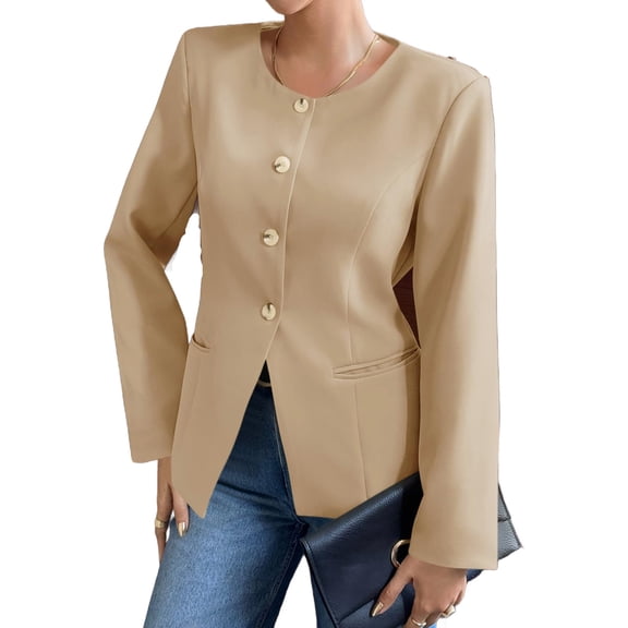 Solid Long Sleeveless Women Slim Fit Crew Neck Work Office Blazer Coat