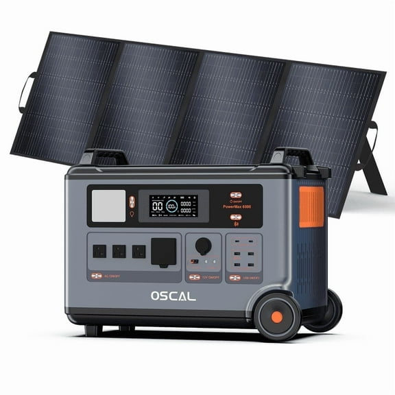 OSCAL PowerMax 6000 Solar Generator with 400W Panel, 3600Wh 6000W Power Station, 120V/240V, Fast Charging, LiFePO4 Battery Backup