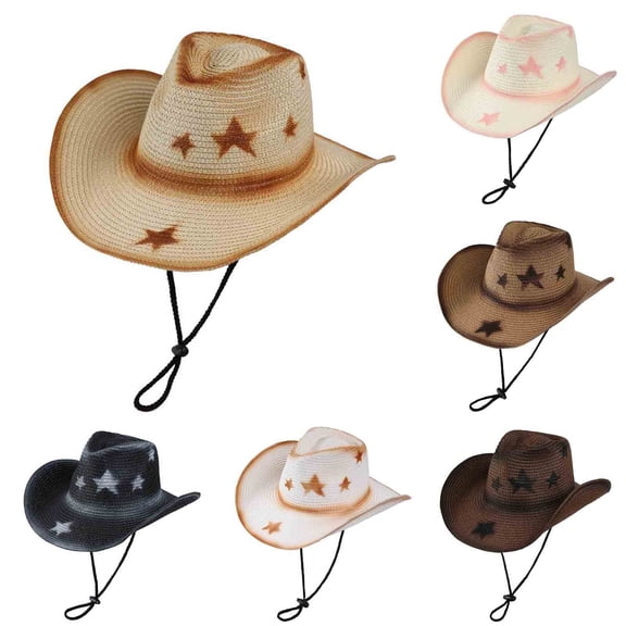 YHAJDS Women Men Cowboy Hat Print Retro Sun Protection Outdoor Adjustable Cord Straw Beach Cap