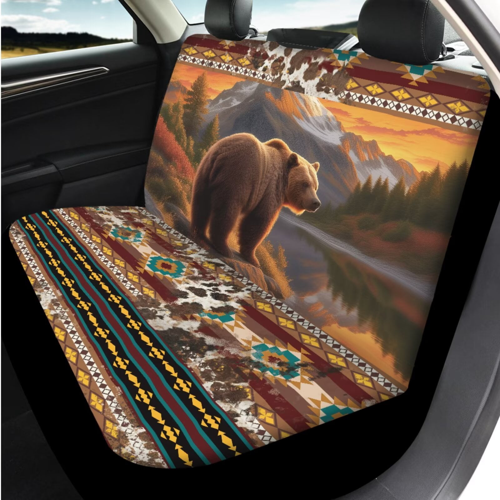 Binienty Aztec Brown Bear Automotive Seat Covers with 15 Inch Steering Wheel Cover Elastic Center Console Cushion Anti-Slip Seat Belt Pads 14 Piece Car Interior Decor Set