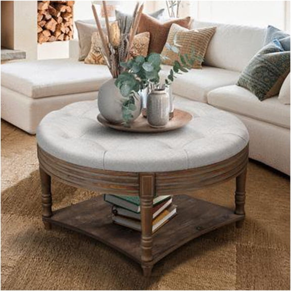 JERFIT Large Round Tufted Ottoman with Storage, Waterproof Farmhouse Coffee Table Ottoman Footstool for Living Room, Light Gray