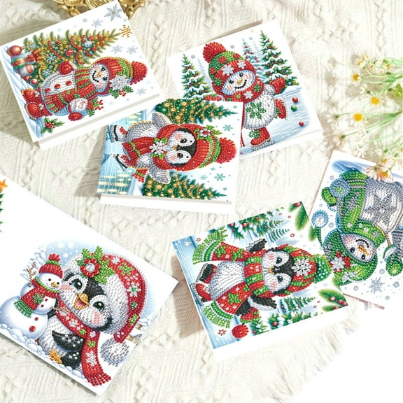 8 pcs Diamond Art Painted Greeting Card, Christmas Penguin Snowman 5D DIY Special Shape Diamond Card Creative Gift, Christmas Thanksgiving Greeting Card Congratulation