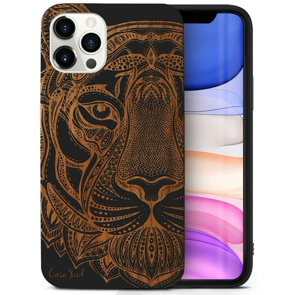 Case Yard Wooden Case for iPhone-12-Pro-Max Soft TPU Silicone cover Slim Fit Shockproof Wood Protective Phone Cover for Girls Boys Men and Women Supports Wireless Charging Doodle Tiger Face Design