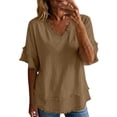 thumbnail image 3 of Women's Bohemian Raw Edge Cotton Linen Blend Short Sleeve Tunic Top Loose Fit Casual Blouse Summer Vacation Outfit Lightweight Everyday Wear Khaki XL, 3 of 8
