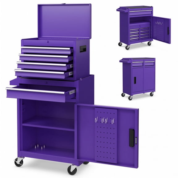 Biotree 2-in-1 Rolling Tool Chest Cabinet with 5 Sliding Lockable Drawers and Side Hooks for Garage Workshop, Purple