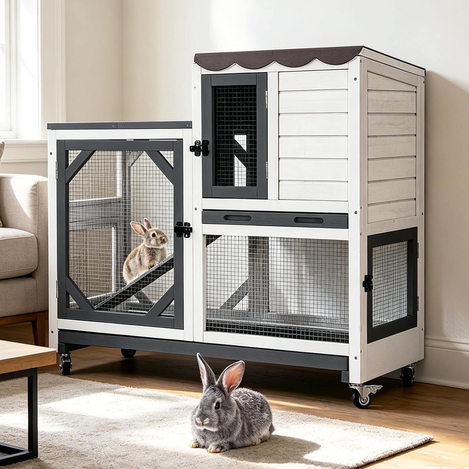 Large Rabbit Hutch Outdoor, 2-Tier Bunny Hutch with Wheels and Waterproof Roof, Wooden Guinea Pig Cage with Leak-Proof Pull-Out Trays, Multi-Door Bunny Cage for Small Animals-Black and White