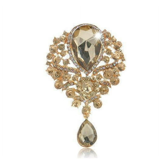 Zhuge Broche grande con forma de lágrima de flores en tono plateado y cristales para mujer (amarillo)