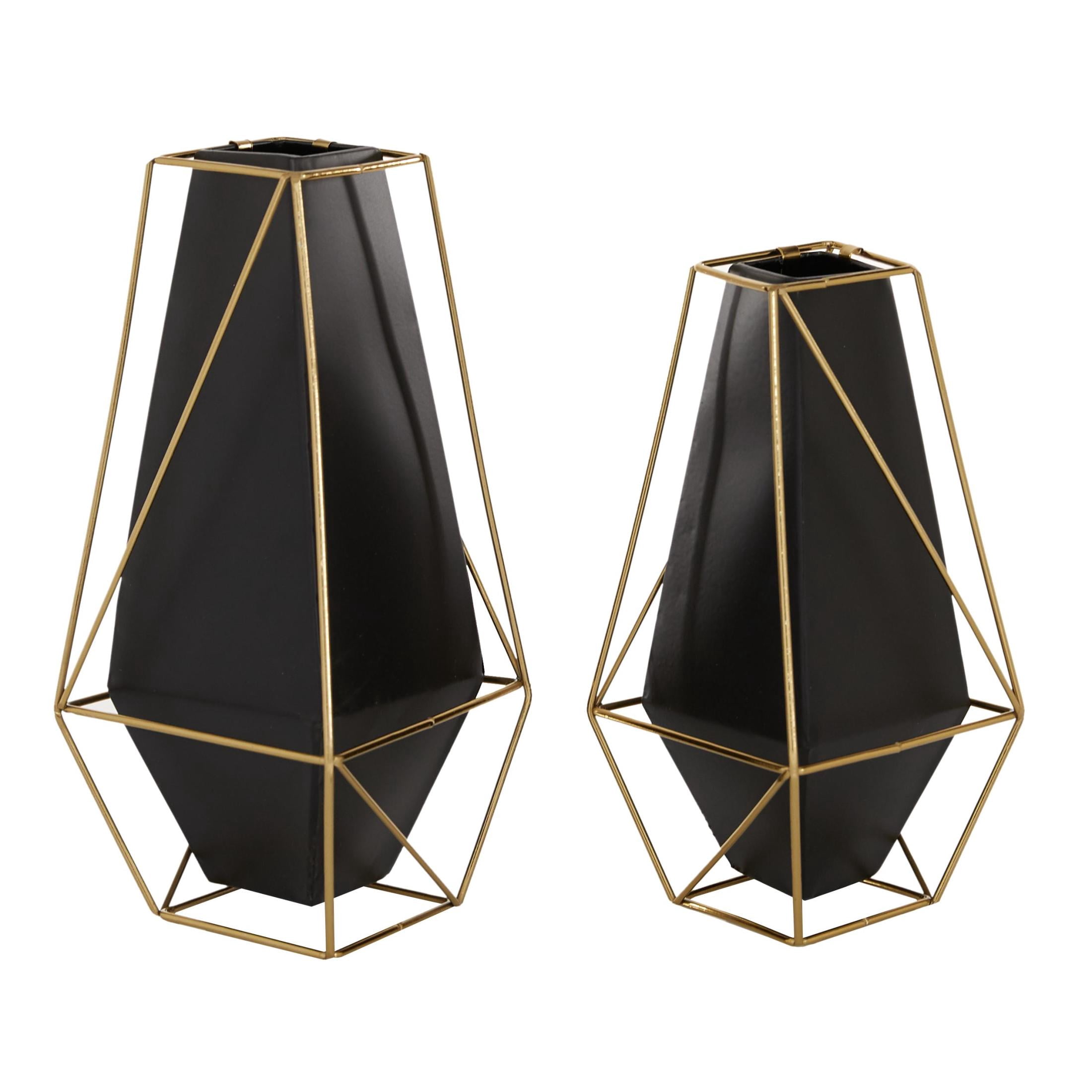 DecMode 11", 9"H Geometric Black Metal Vase with Gold Wire Accents, Set of 2