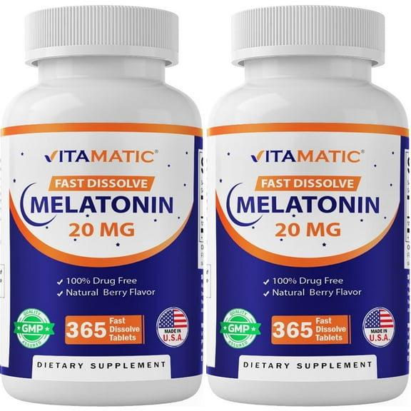 Vitamatic Melatonin 20mg Tablets | Vegetarian, Non-GMO, Gluten Free | 1 Year Supply | Natural Berry Flavor - 365 Tablets - 2 Pack