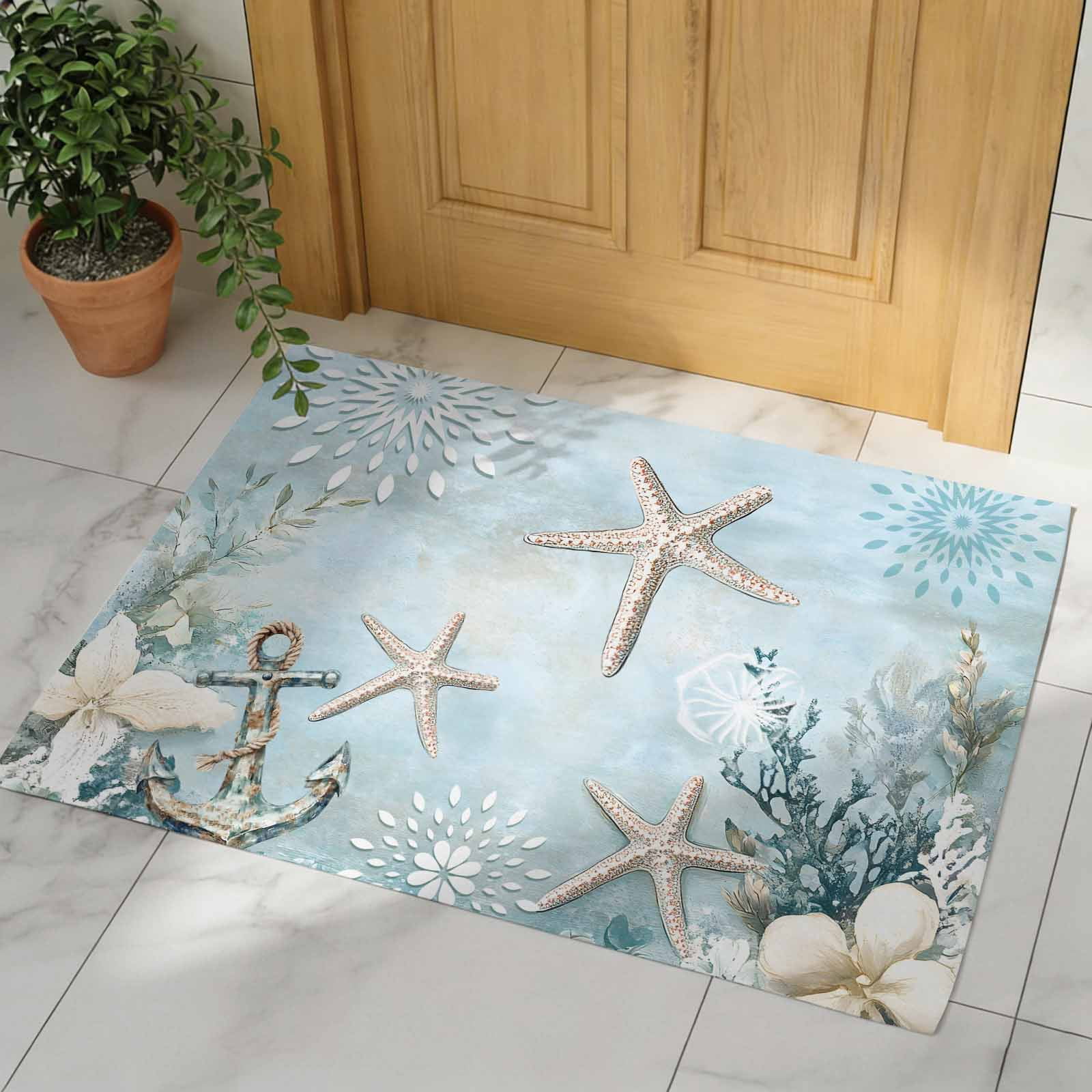 Teal Ocean Coastal Indoor Door Mat - 20"x31.5", Non-Slip Welcome Mat for Outdoor, Summer Beach Nautical Coral Starfish Front Doormat for Entry, Low-Profile Doormat Entrance Rug for Kitchen/Bathroom