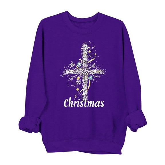 Christmas Sweatshirt for Women Cross Graphic Pullover Long Sleeve Holiday Casual Top Faith Christian Xmas Outfit