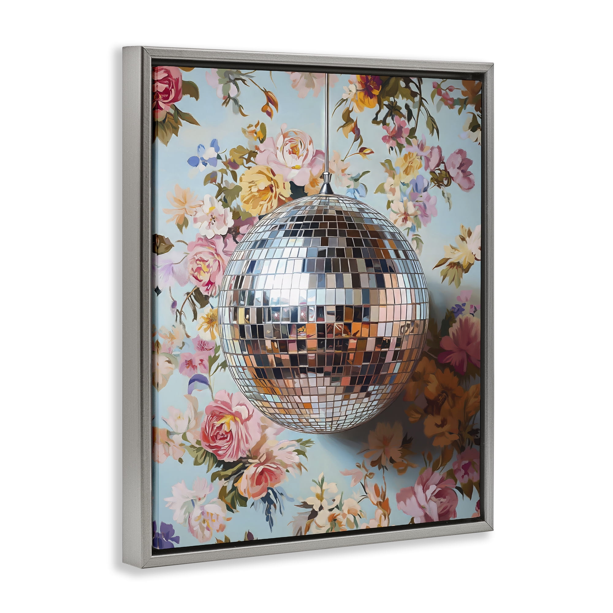 Stupell Industries Floral Disco Ball Reflection Gray Framed Floater Canvas Wall Art, design by LSR Design Studio