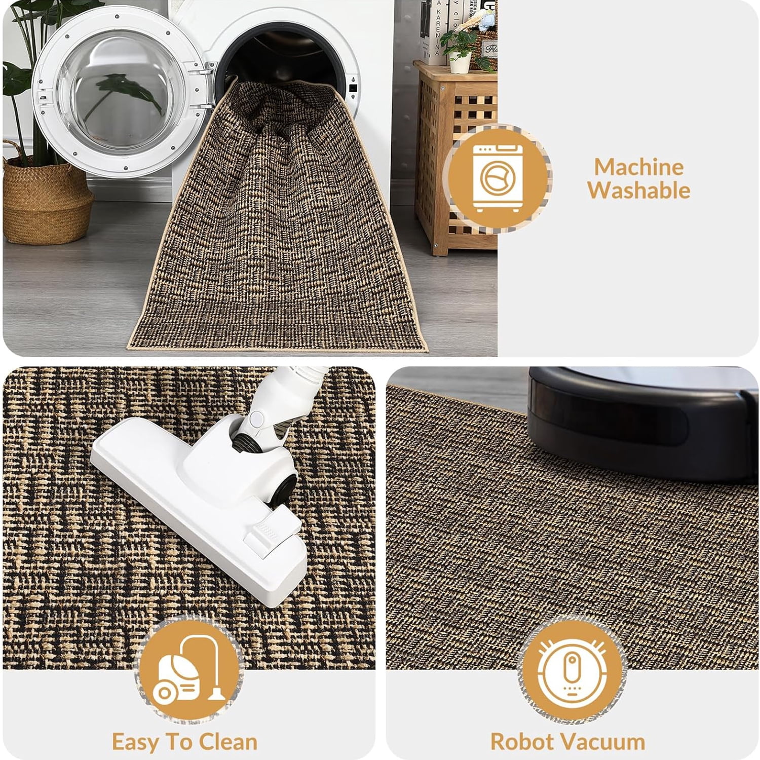 Tzou Washable Area Rugs 10x13 for Living Room, Low Pile Braid Print Indoor Carpet with Non-Slip Backing for Playroom(Brown)