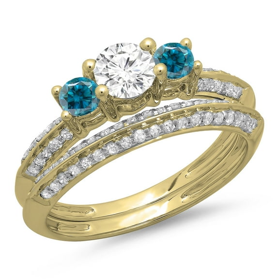 Dazzlingrock Collection 1.05 Carat (ctw) 14K Blue & White Diamond 3 Stone Bridal Engagement Ring Set 1 CT, Yellow Gold, Size 5