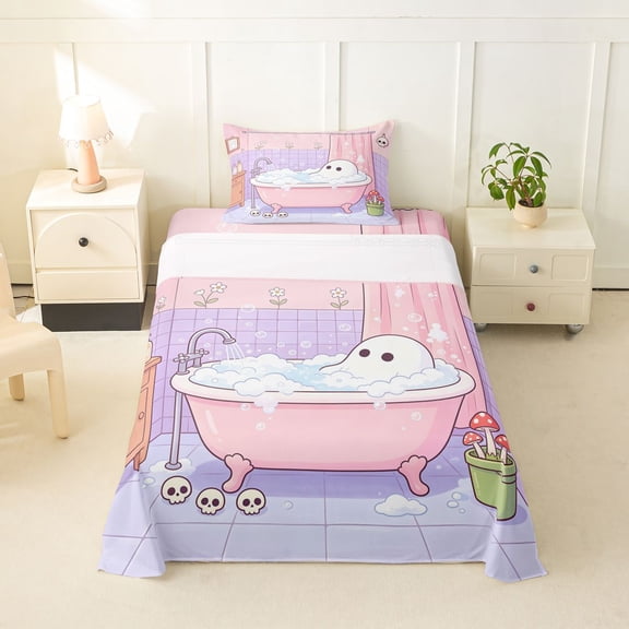 Feelyou Kawaii Ghost Mushroom Twin Sheets, Sugar Gothic Halloween Bedding, Pink Lavender, 3pcs, 1 Flat Sheet, 1 Fitted Sheet and 1 Pillowcase