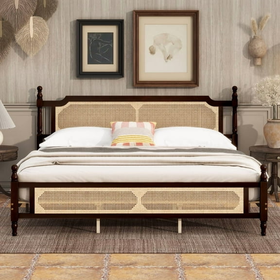 Luckynote King Size Solid Wood Bed Frame, Rustic Design with Rattan Headboard and Footboard, Espresso