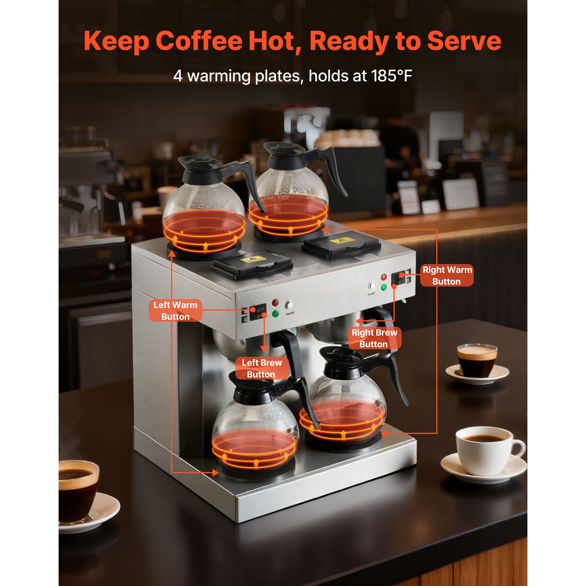 KFFKFF Commercial Drip Coffee Maker, 24-Cup Machine with 4 Glass Carafes and 4 Warming Plates, Stainless Steel Dual-Head Brewer for Restaurants, Offices, Cafes, and Homes