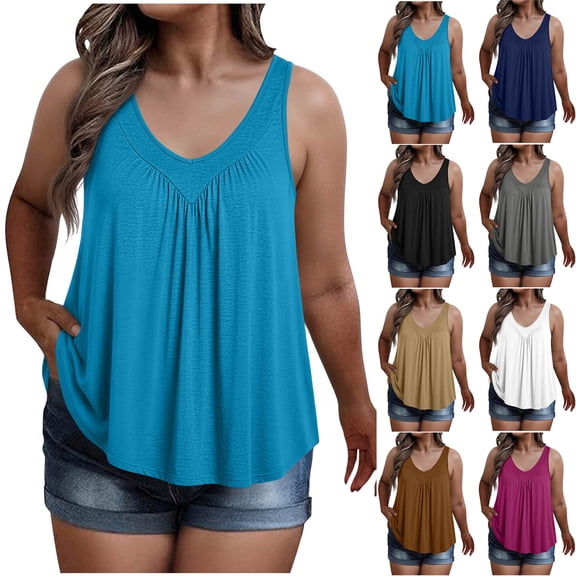 DDAPJ pyju Womens Plus Size Tank Tops Sleeveless Hide Belly Shirt Flowy Pleated Tunics Summer Casual Blouses Black XL