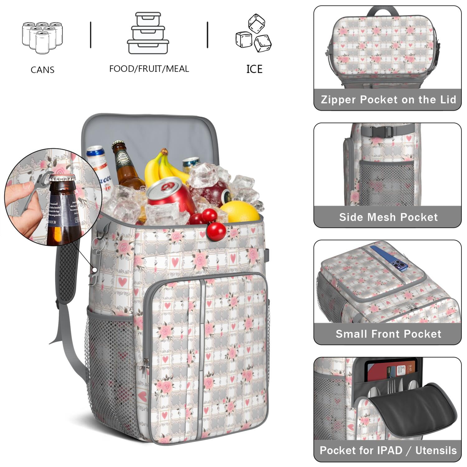 Travel Cooler Bag - Pioneer Flower Floral Print Pattern Camping Beer Cooler Backpack with Bottle Opener- Waterproof Insulated Picnic Backpacks - Cooler Bag for Beach