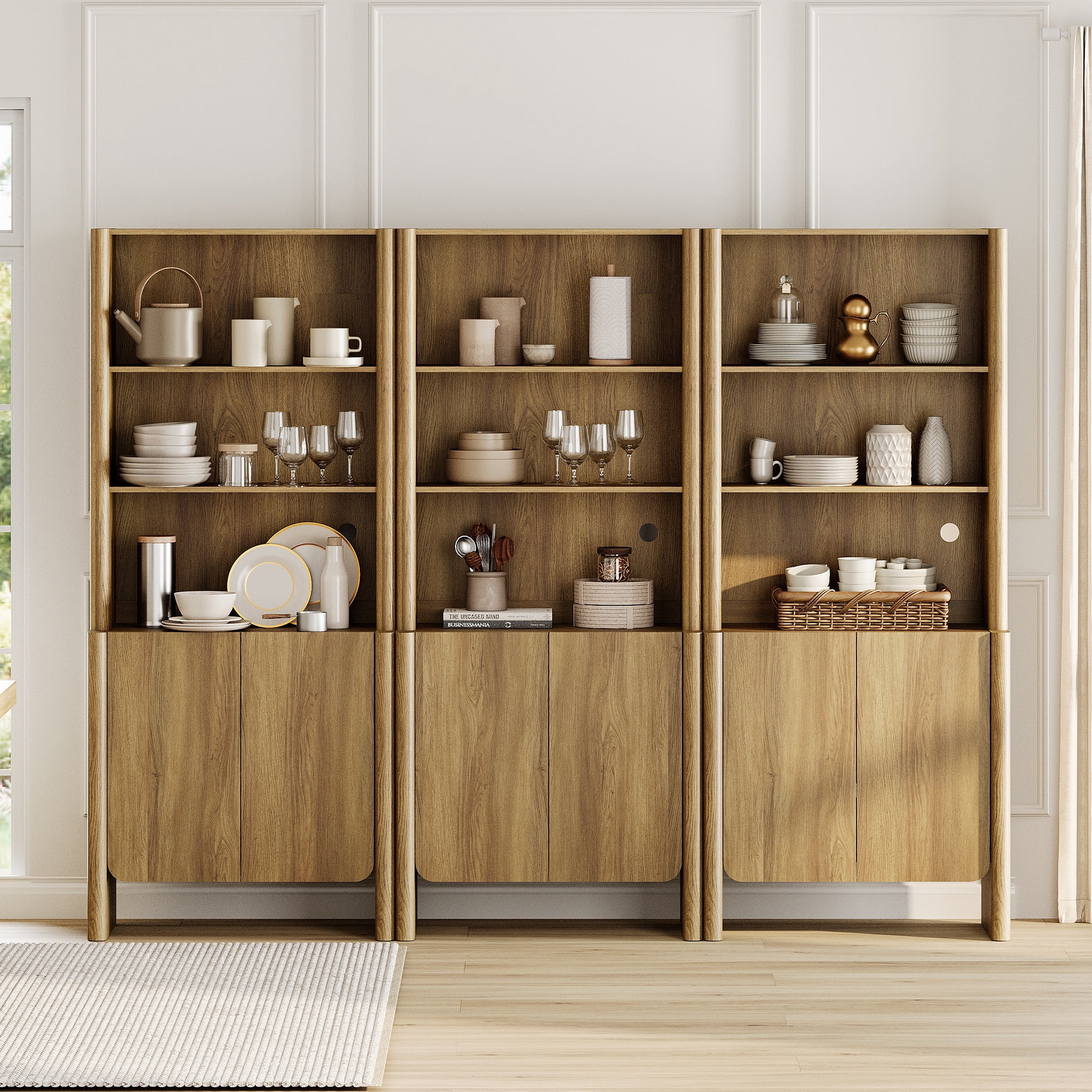 94.5-Inch Modern French Bookcase with Curved Edges, Doors and Open Shelves, 72.8" Tall, Walnut