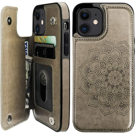 Compatible with iPhone 12 and iPhone 12 Pro Case Wallet with Card Holder,Embossed Mandala Pattern Flower PU Leather Double Magnetic Buttons Flip Shockproof Protective Cover 6.1 Inch(Gray)