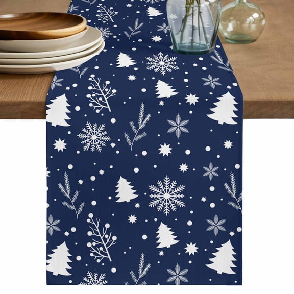 Navy Blue Christmas Table Runner 72 Inches, Xmas Trees Snowflake Winter Botanical Bed Runner Dresser Scarves Tabletop for Indoor Outdoor Parties/Ceremony/Banquet, 13" x 72"