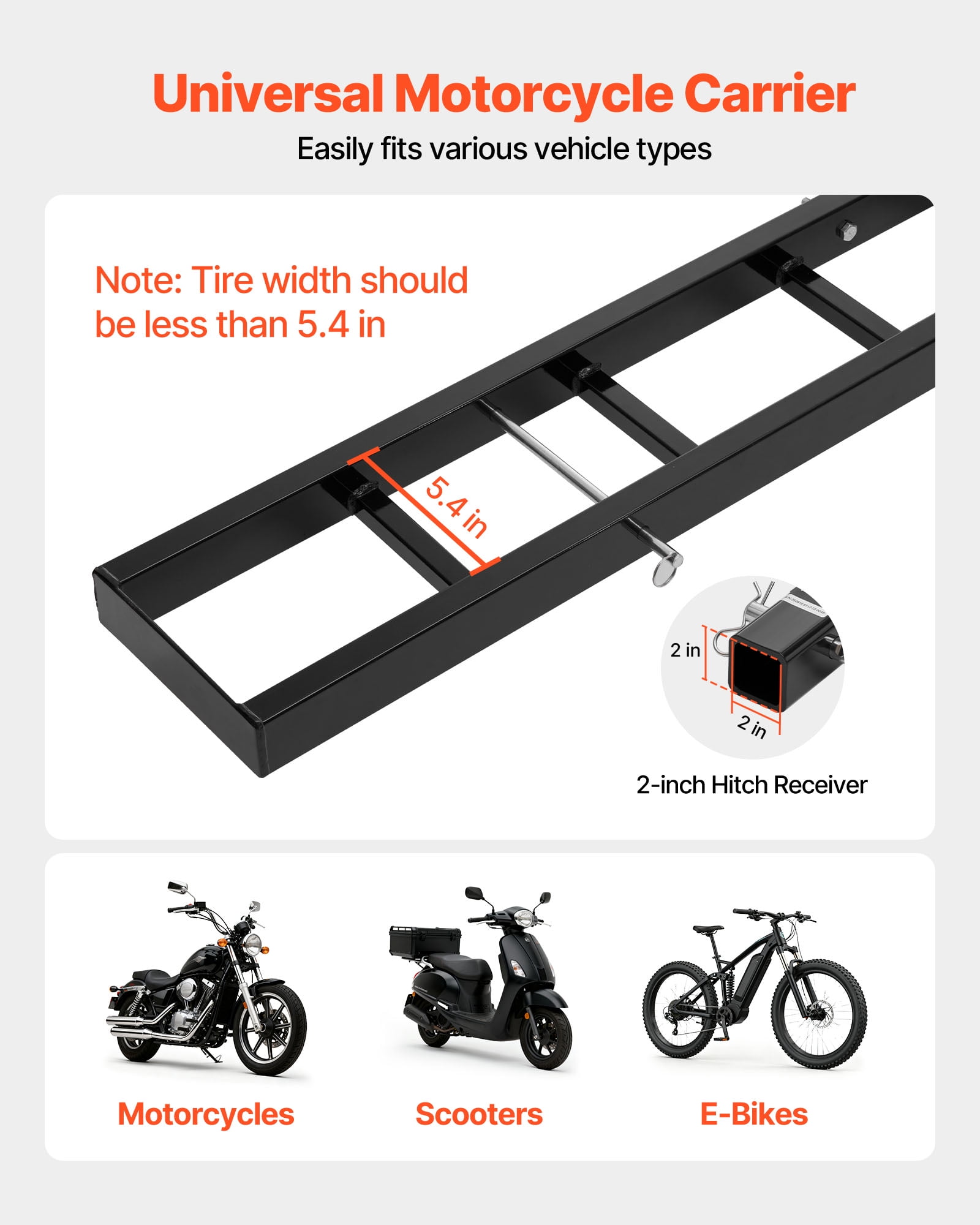VEVOR Motorcycle Carrier, 500 lbs Capacity, Heavy Duty Steel Hitch Mount Rack with 47in Ramp, Ratchet Straps & Stabilizer, Scooter Dirt Bike Trailer Hauler for Car Truck with 2-Inch Hitch Receiver