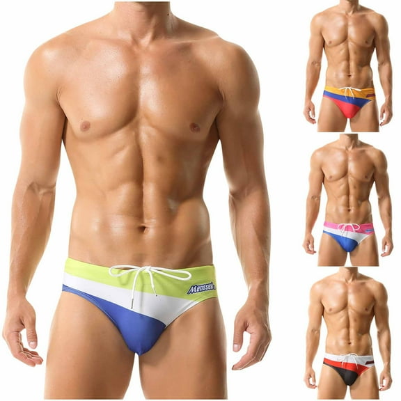 Dovford Mens Swim Briefs Color Block Print Fashion Micro Bikini Swimwear Drawstring Swimsuit Men 2025